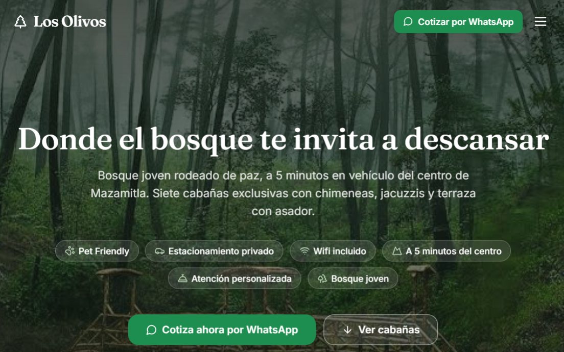 Portada del sitio de Los Olivos: cabañas entre el bosque de Mazamitla